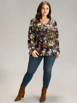 Floral Print Gathered Elastic Waist Blouse -Bloomchic Shop 18513873 tq