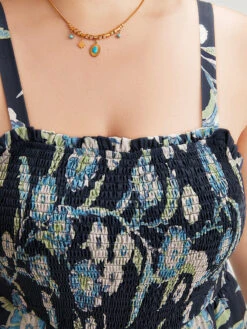Plants Print Shirred Adjustable Straps Cami Jumpsuit -Bloomchic Shop 185194513 ry
