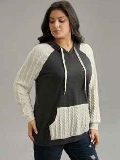 Contrast Cable Knit Pocket Hooded Drawstring Sweatshirt -Bloomchic Shop 185500457 yv