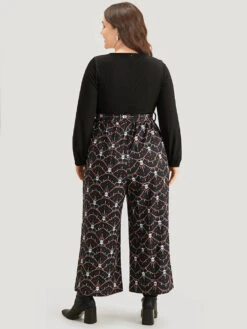 Halloween Skull Print Patchwork Belted Jumpsuit -Bloomchic Shop 185660750 se