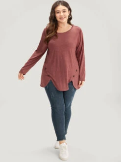 Plain Round Neck Button Detail T-shirt -Bloomchic Shop 186906061 ia