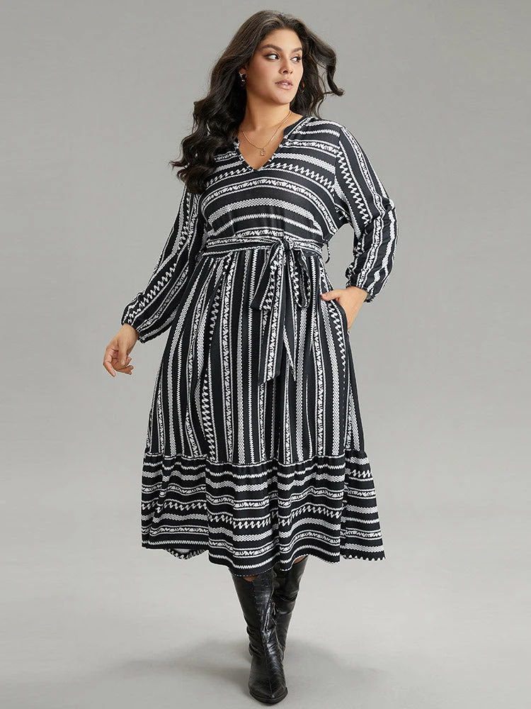 Striped Notched Belted Lantern Sleeve Dress 3 Striped Notched Belted Lantern Sleeve Dress
