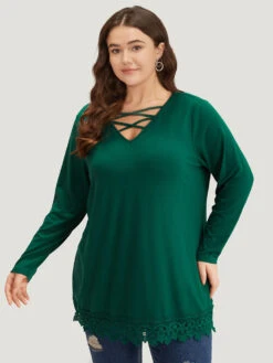 Solid Lace Panel Crisscross V Neck T-shirt -Bloomchic Shop 187101738 bh 994d21a2 0192 4166 b112 ca7b181e3640