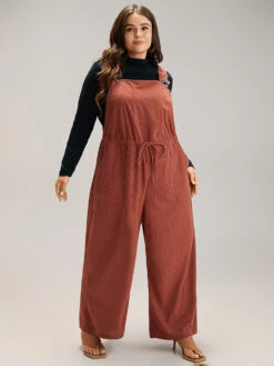Plain Textured Drawstring Adjustable Straps Jumpsuit