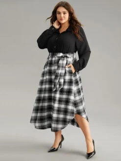 Plaid Patchwork Button Through Belted Dress -Bloomchic Shop 187674749 uo