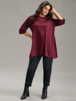 Solid Tunic Crochet Mesh Crew Neck T-shirt -Bloomchic Shop 189273690 lp