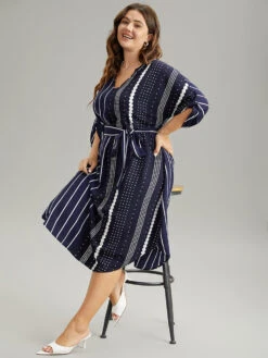 Striped Patchwork Polka Dot Belted Notched Dress -Bloomchic Shop 190415881 rk