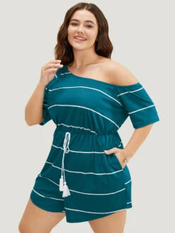 Striped Print Knot Pocket Tassels One Shoulder Romper 27 Striped Print Knot Pocket Tassels One Shoulder Romper -Bloomchic Shop 190989289 mb