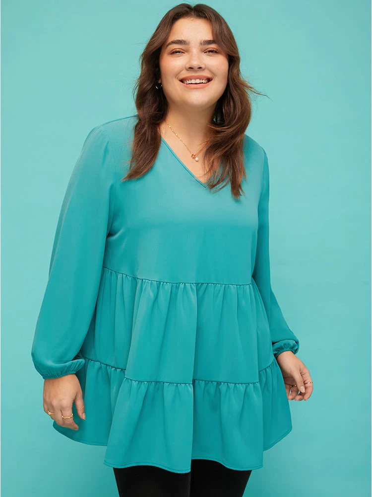 Solid V Neck Lantern Sleeve Ruffle Hem Blouse Without Belt 3 Solid V Neck Lantern Sleeve Ruffle Hem Blouse Without Belt