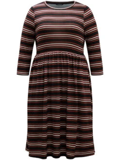 Striped Print Round Neck Pocket Elastic Waist Dress -Bloomchic Shop 191908357 fu