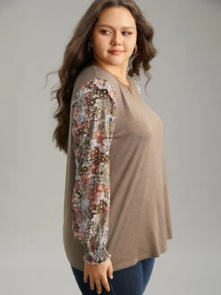 Floral Print Shirred Cuffs Ruffle Trim T-shirt -Bloomchic Shop 193010283 wf