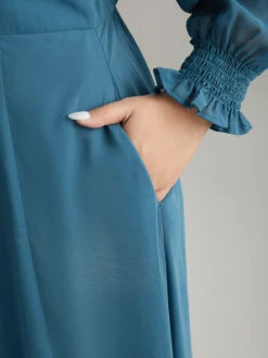 Chiffon Square Neck Shirred Lantern Sleeve Split Hem Dress -Bloomchic Shop 194057459 xr