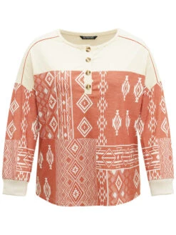 Boho Print Patchwork Contrast Button Up Sweatshirt -Bloomchic Shop 194436704 cl