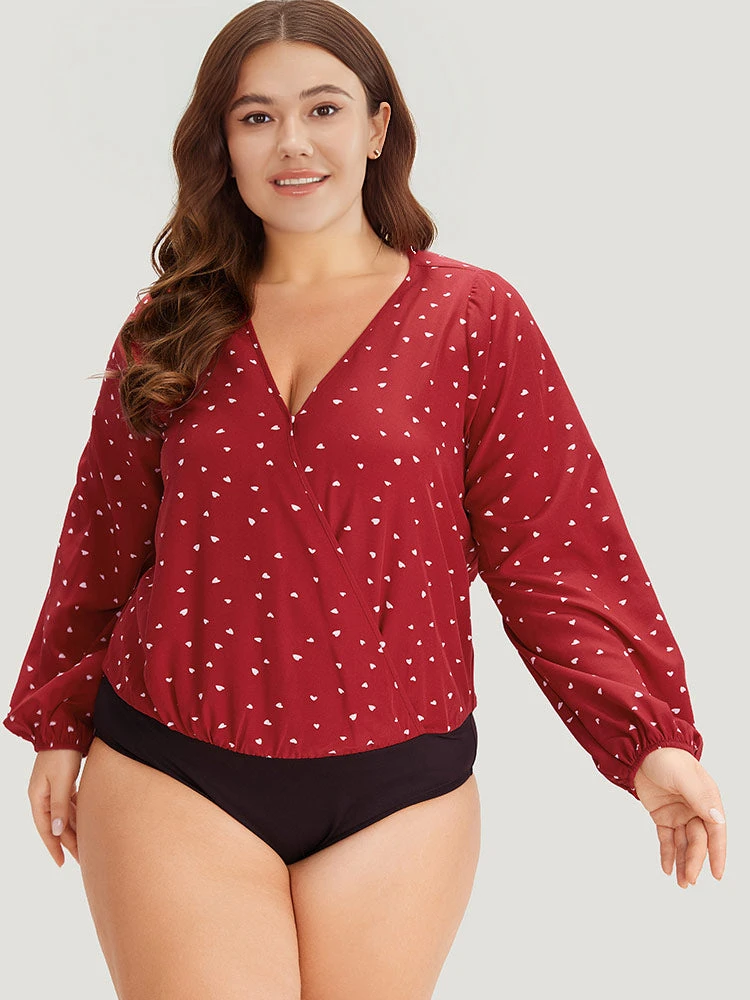 Heart Print Surplice Neck Lantern Sleeve Bodysuit 8 Heart Print Surplice Neck Lantern Sleeve Bodysuit - Image 6