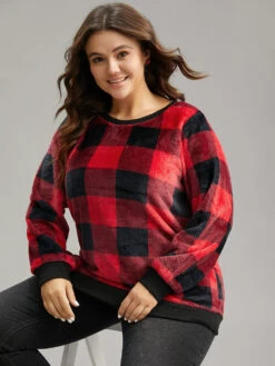 Plaid Print Round Neck Fluffy Sweatshirt 13 Plaid Print Round Neck Fluffy Sweatshirt -Bloomchic Shop 195815362 fe