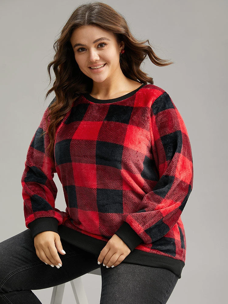 Plaid Print Round Neck Fluffy Sweatshirt 7 Plaid Print Round Neck Fluffy Sweatshirt - Image 5