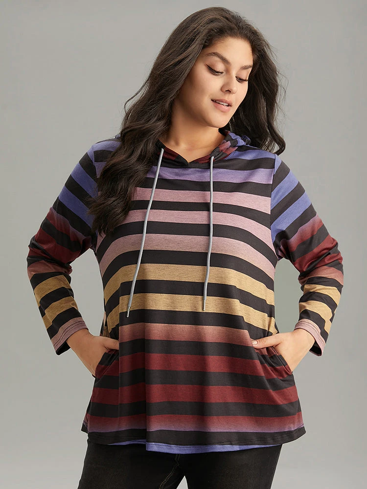 Colour Striped Ombre Hooded Drawstring T-shirt 3 Colour Striped Ombre Hooded Drawstring T-shirt