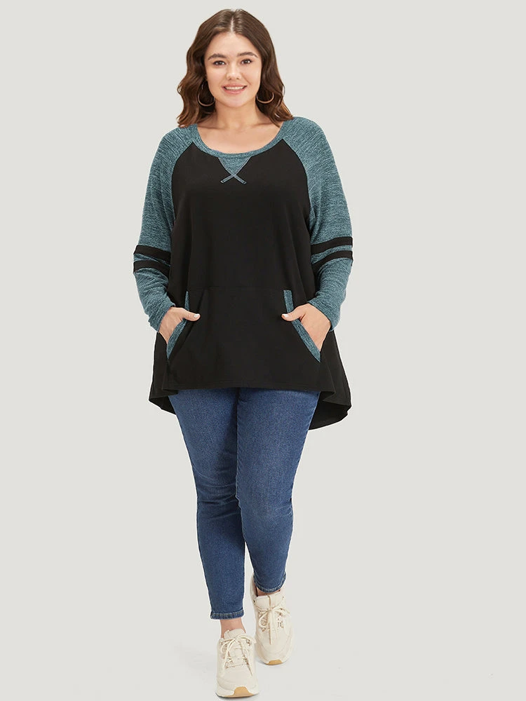 Striped Contrast Pocket Raglan Sleeve High Low Hem Sweatshirt 16 Striped Contrast Pocket Raglan Sleeve High Low Hem Sweatshirt - Image 14