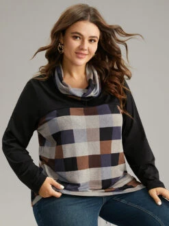 Plaid Patchwork Contrast Cowl Neck T-shirt -Bloomchic Shop 198450469 op