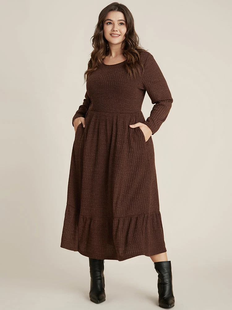 Solid Pocket Rib Knit Ruffle Hem Dress Without Belt 7 Solid Pocket Rib Knit Ruffle Hem Dress Without Belt - Image 5