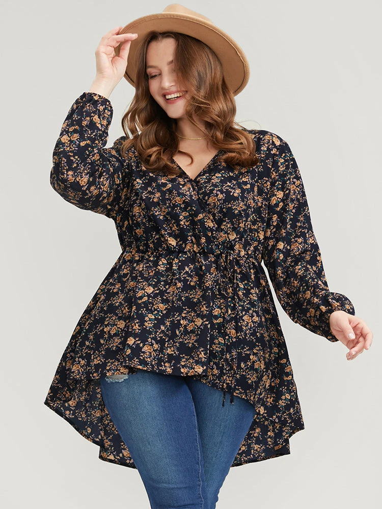 Floral Wrap Lantern Sleeve High Low Hem Blouse Without Hat 3 Floral Wrap Lantern Sleeve High Low Hem Blouse Without Hat