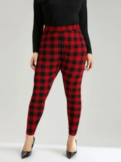 Plaid Elastic Waist High Rise Skinny Leggings -Bloomchic Shop 201075372 wj