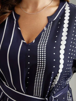 Striped Patchwork Polka Dot Belted Notched Dress -Bloomchic Shop 201577712 cu