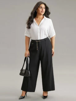 Static-Free Elastic Waist Chain Belted Pleated Pants -Bloomchic Shop 203358055 pv