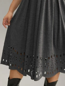 Plain Elastic Waist Laser Cut Crew Neck Dress 14 Plain Elastic Waist Laser Cut Crew Neck Dress -Bloomchic Shop 203813474 pf