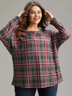 Plaid Dolman Sleeve Round Neck T-shirt -Bloomchic Shop 204170260 bz