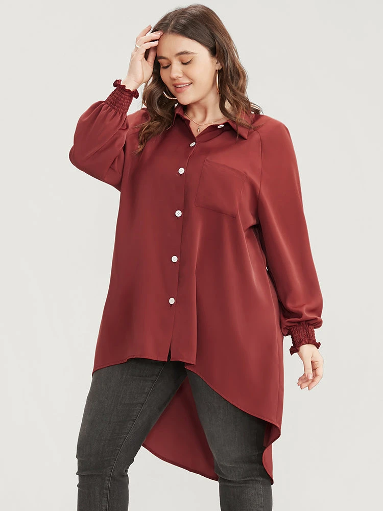 Solid Shirred Pocket Button Up High Low Hem Blouse 5 Solid Shirred Pocket Button Up High Low Hem Blouse - Image 3