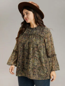 Bandana Print Mesh Frill Trim Blouse -Bloomchic Shop 205743319 kb