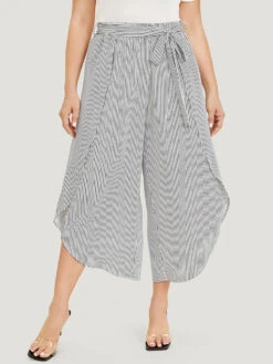 Striped Print Belted Wrap Hem Loose Pants