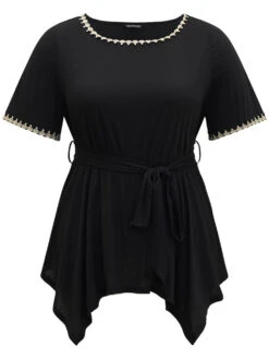 Crochet Lace Round Neck Ties Hanky Hem T-shirt -Bloomchic Shop 20593470 xx