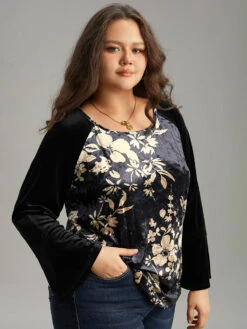 Velvet Floral Patchwork Raglan Sleeve T-shirt 10 Velvet Floral Patchwork Raglan Sleeve T-shirt -Bloomchic Shop 20611799 bp