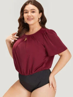 Plain Keyhole Plicated Detail Puff Sleeve Bodysuit -Bloomchic Shop 207783020 vb