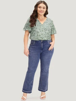 Ditsy Floral Overlap Collar Flutter Sleeve Bodysuit -Bloomchic Shop 209236639 sd