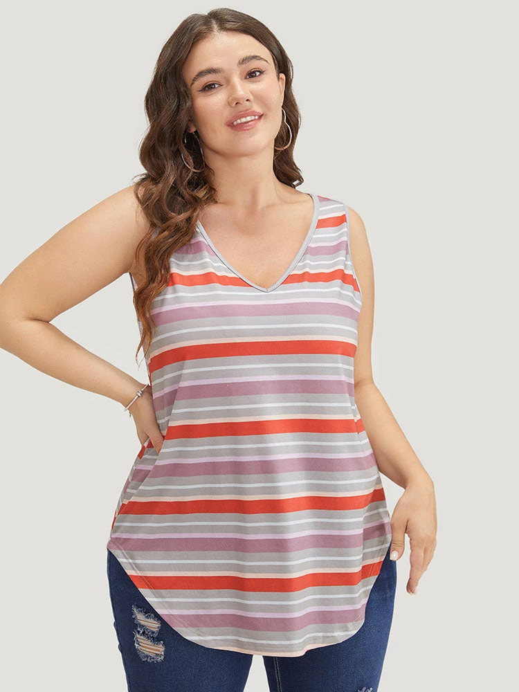 Striped Contrast V Neck Arc Hem Tank Top 3 Striped Contrast V Neck Arc Hem Tank Top