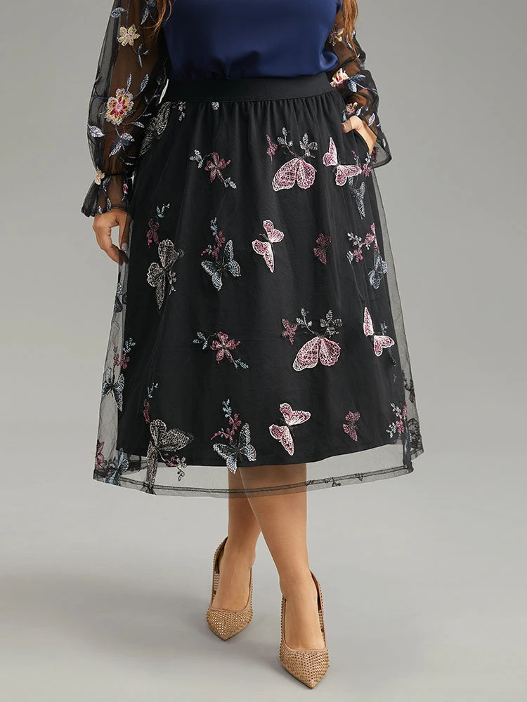 Butterfly Embroidered Mesh Elastic Waist Skirt 3 Butterfly Embroidered Mesh Elastic Waist Skirt