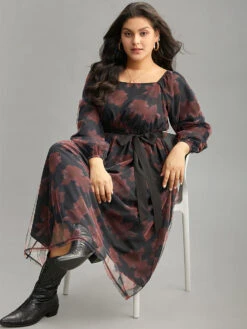 Floral Mesh Belted Gathered Lantern Sleeve Dress -Bloomchic Shop 211098059 ap