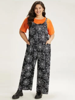 Halloween Spider Web Print Pocket Overall Cami Jumpsuit