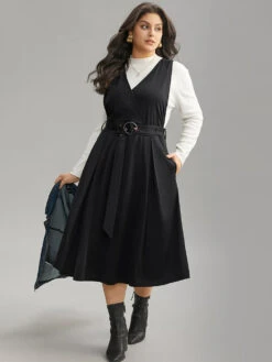 Plain Buckle Detail Surplice Neck Tank Dress