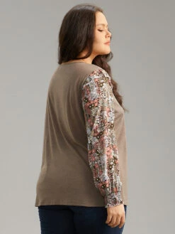 Floral Print Shirred Cuffs Ruffle Trim T-shirt -Bloomchic Shop 212445647 sk