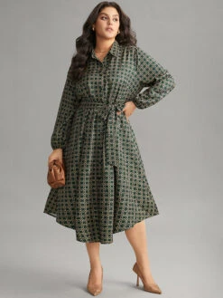 Geometric Belted Curved Hem Lantern Sleeve Dress -Bloomchic Shop 212697091 br