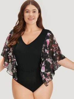 Floral Print Patchwork Mesh Asymmetrical Sleeve Bodysuit -Bloomchic Shop 213480657 mb