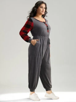 Plaid Patchwork Pocket Button Up Bowknot Jumpsuit 11 Plaid Patchwork Pocket Button Up Bowknot Jumpsuit -Bloomchic Shop 213860535 cc