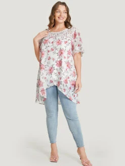 Floral Lace Ruffle Sleeve High Low Hem Blouse -Bloomchic Shop 21435468 zu a6ed4147 536c 4813 ae8b 349a08c232bc