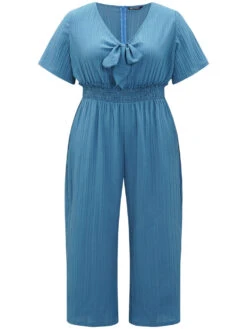 Textured Bowknot V Neck Shirred Pocket Jumpsuit -Bloomchic Shop 214629106 ch