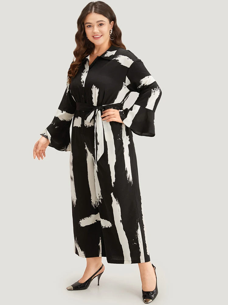 Brush Print Button Up Belted Bell Sleeve Jumpsuit 4 Brush Print Button Up Belted Bell Sleeve Jumpsuit - Image 2