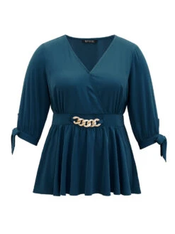 Plain Bowknot Ties Buckle Detail Wrap Blouse -Bloomchic Shop 21548331 zj